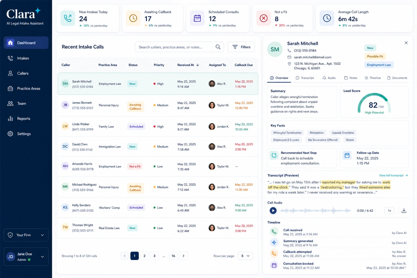 Clara dashboard preview showing call intake details
